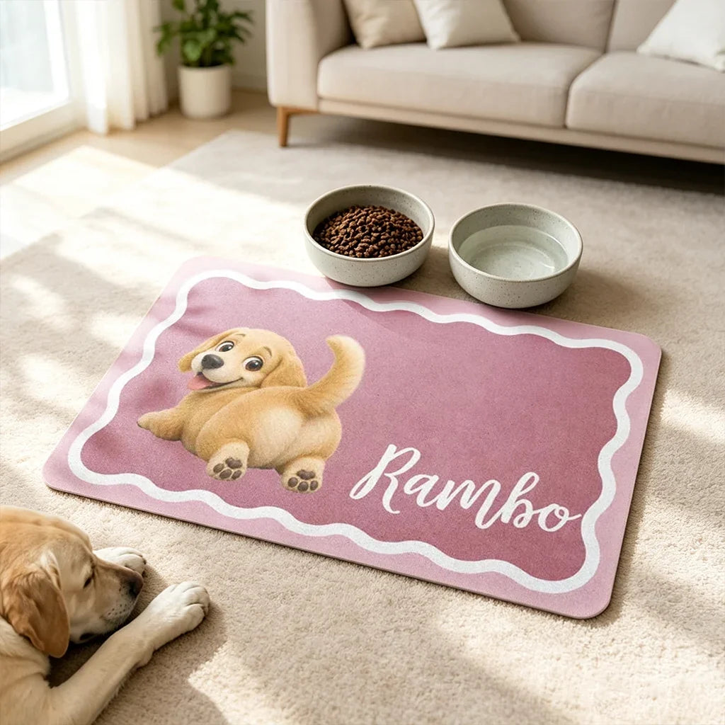Personalized Pet Feeding Mat with Smiling Cartoon Dog Art, Sweet Mealtime Keepsake, Creative Gift for Dog Lovers