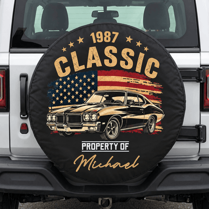 Personalized Leather Spare Tire Cover, Vintage Muscle Car and US Flag Design, Unique Gift for Car Enthusiasts