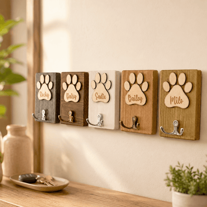 Personalized Paw Print Pet Name Wooden Leash Holder
