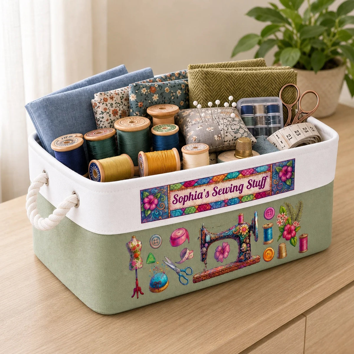 Personalized Sewing Basket with Name, Cotton Linen Rope Storage Bin, Gift for Mom, Grandma or Sewing Lover