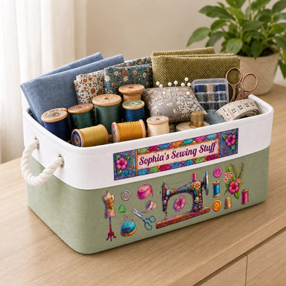 Personalized Sewing Basket with Name, Cotton Linen Rope Storage Bin, Gift for Mom, Grandma or Sewing Lover
