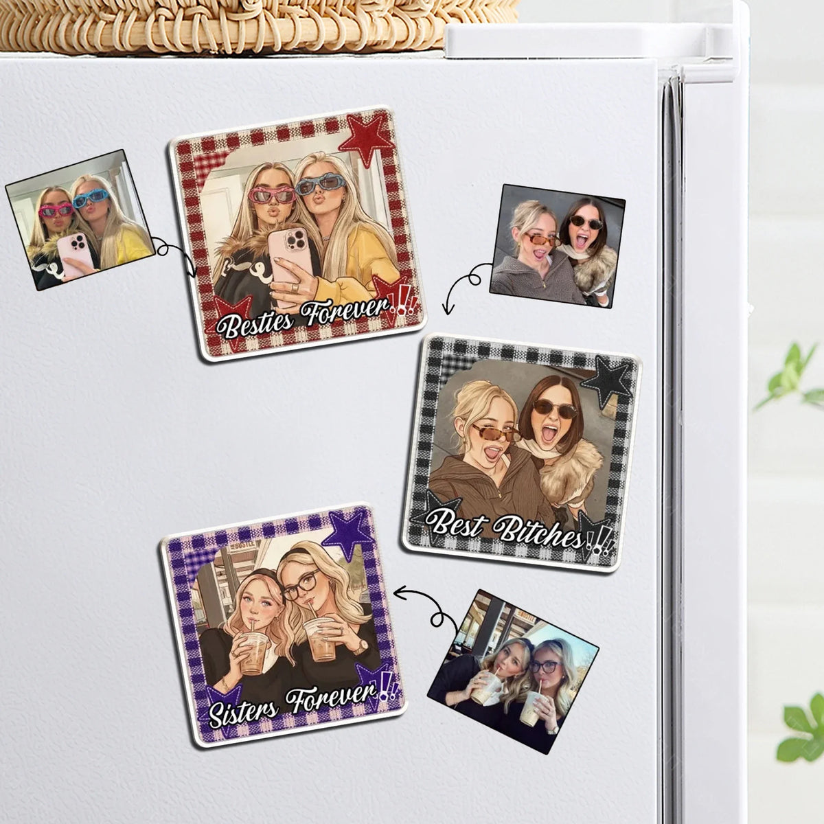 Personalized Acrylic Fridge Magnet, Colorful Plaid Selfie Portrait, Unique Creative Gift for a Close Friend