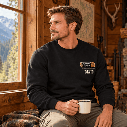 Personalized Dual Print Sweatshirt with Hunting Season Wildlife Art, Unique Gift for Hunters