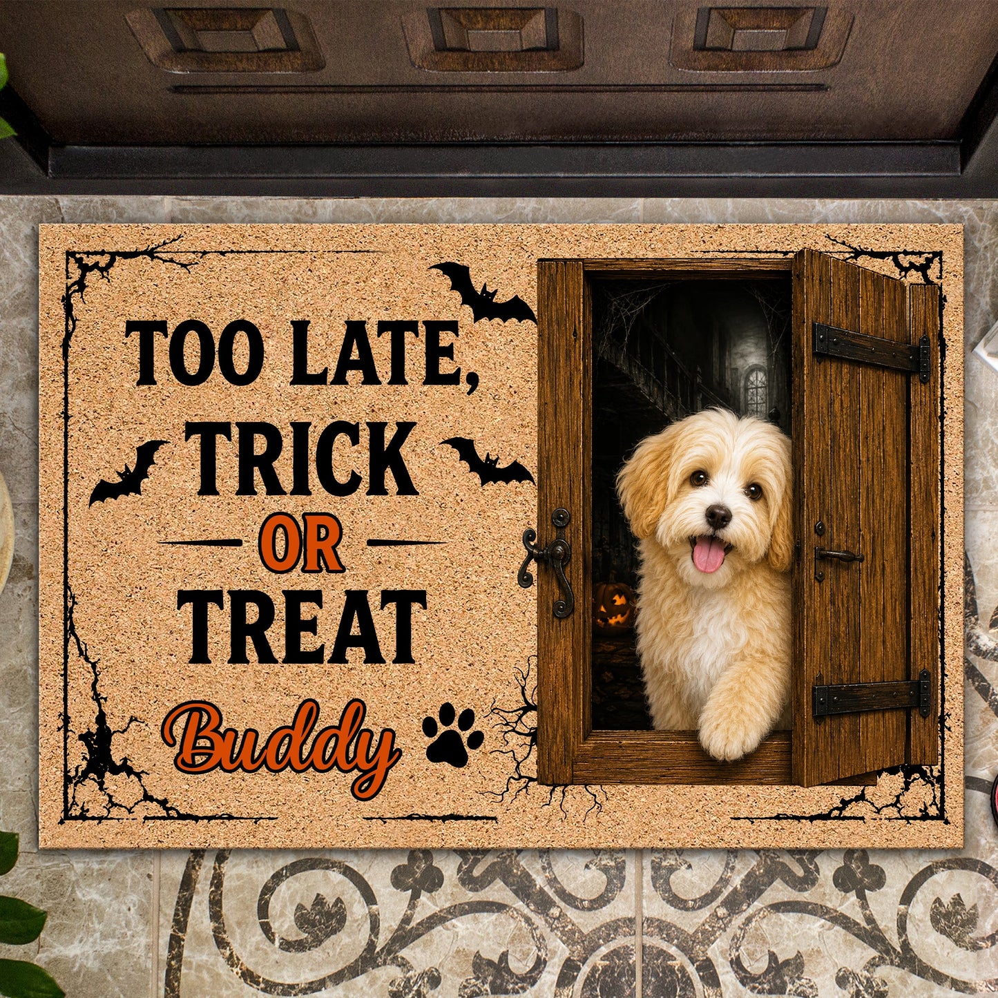 Custom You're Too Late Dog Halloween Doormat