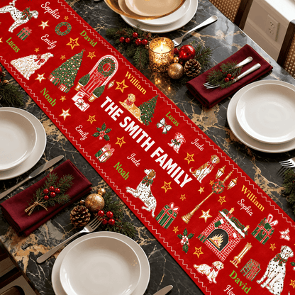 Personalized Family Christmas Table Runner, Custom Names & Family Name, Festive Holiday Dining Table Decor