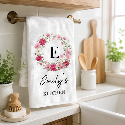 Personalized Birth Flower Kitchen Towel with Custom Name, Floral Wreath Tea Towel Gift for Home Cooks