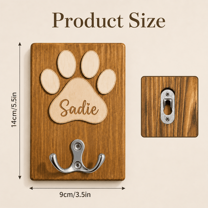 Personalized Paw Print Pet Name Wooden Leash Holder