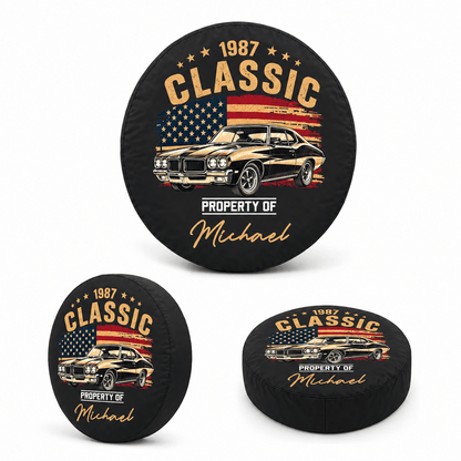 Personalized Leather Spare Tire Cover, Vintage Muscle Car and US Flag Design, Unique Gift for Car Enthusiasts