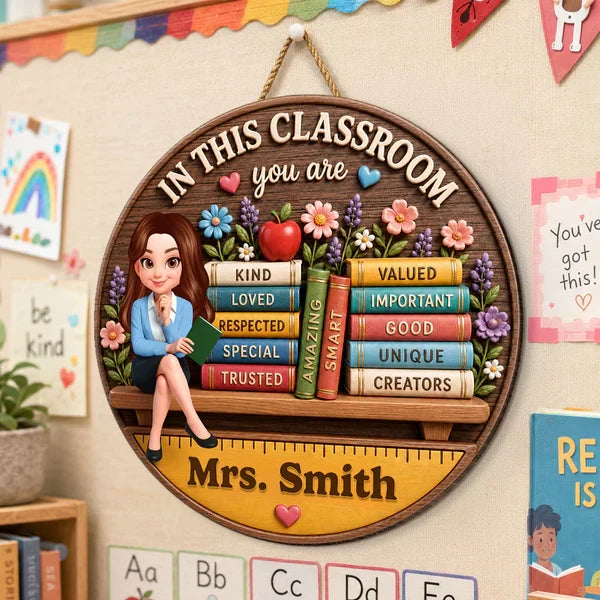 Personalized Teacher And Books Classroom Wooden Sign