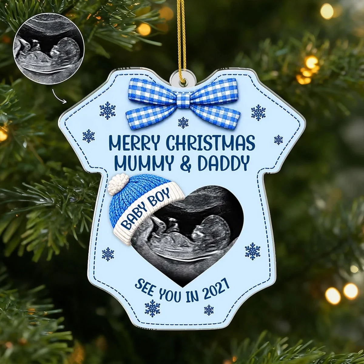 Personalized Ultrasound Acrylic Ornament, Blue Baby Bodysuit Keepsake, Creative Gift for Expecting Parents