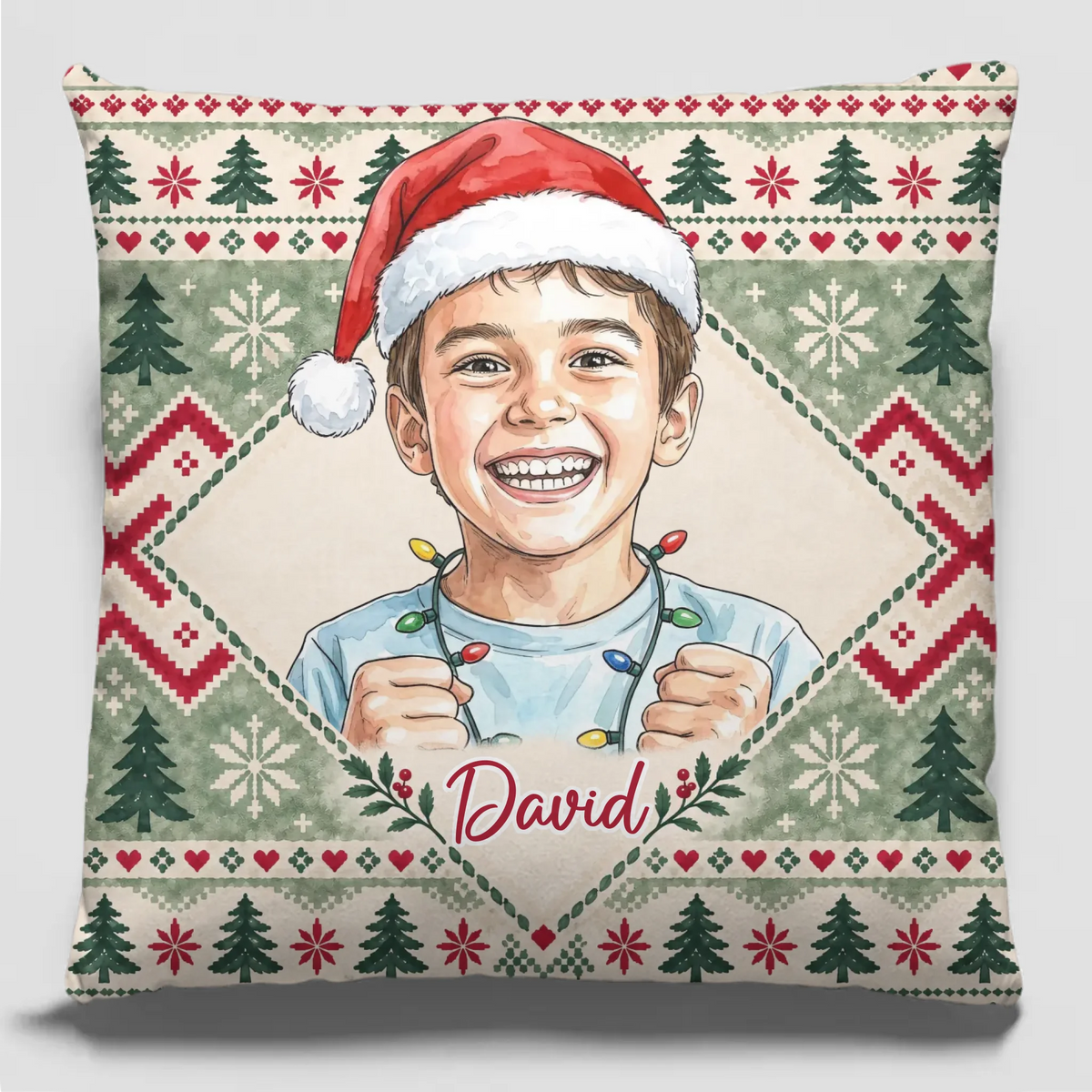Personalized Watercolor Christmas Photo Pillow