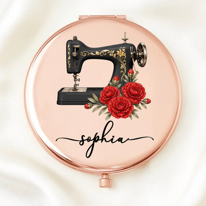 Personalized Sewing Machine Floral Name Pocket Compact Mirror