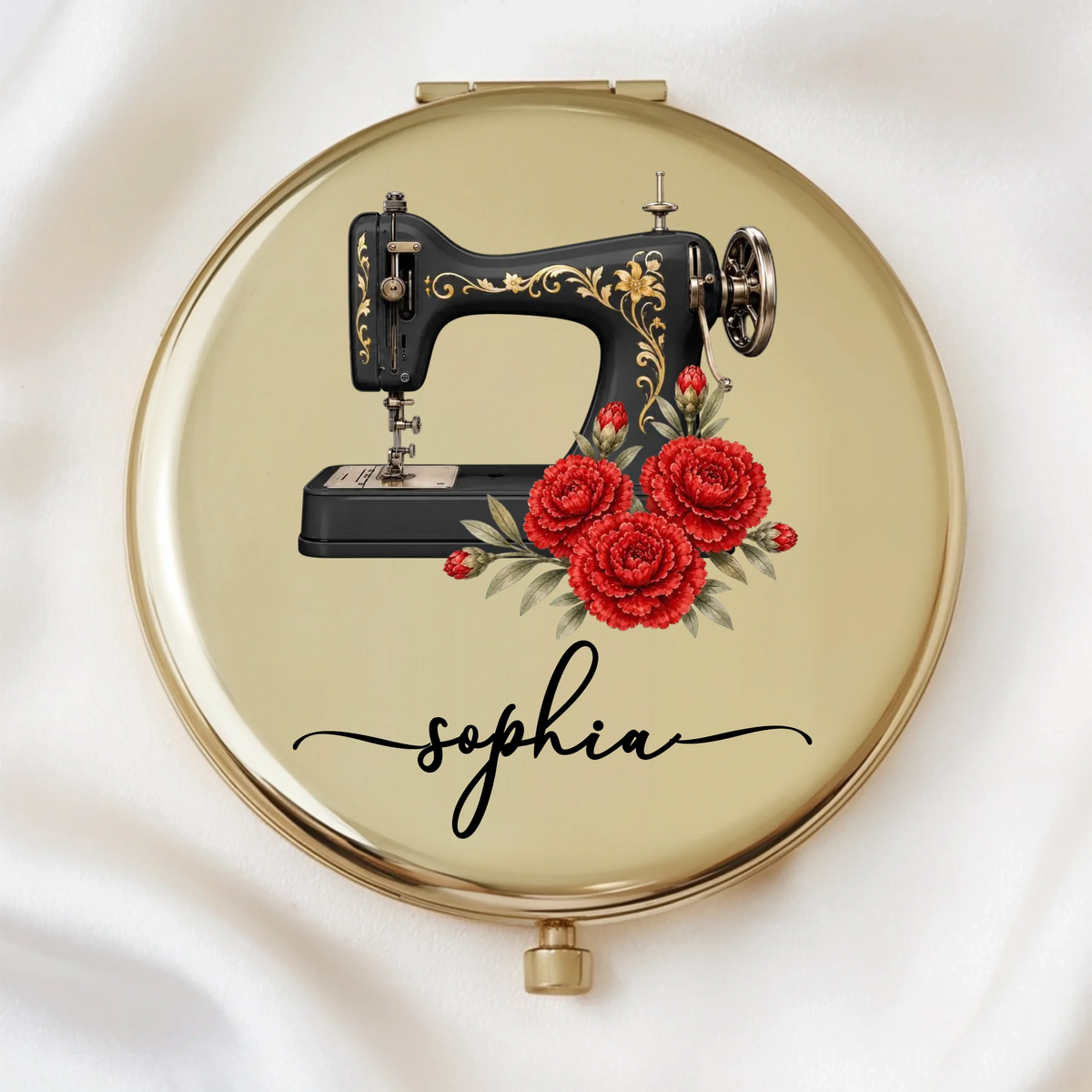 Personalized Sewing Machine Floral Name Pocket Compact Mirror