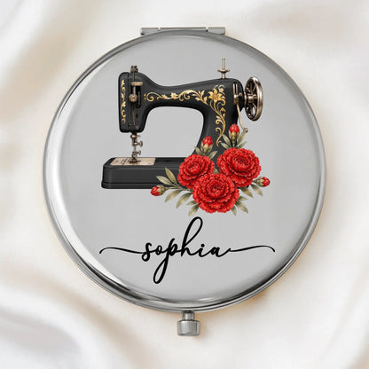 Personalized Sewing Machine Floral Name Pocket Compact Mirror