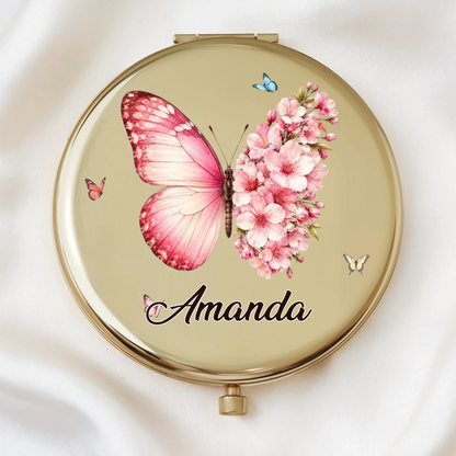 Personalized Butterfly Floral Name Monogram Compact Mirror