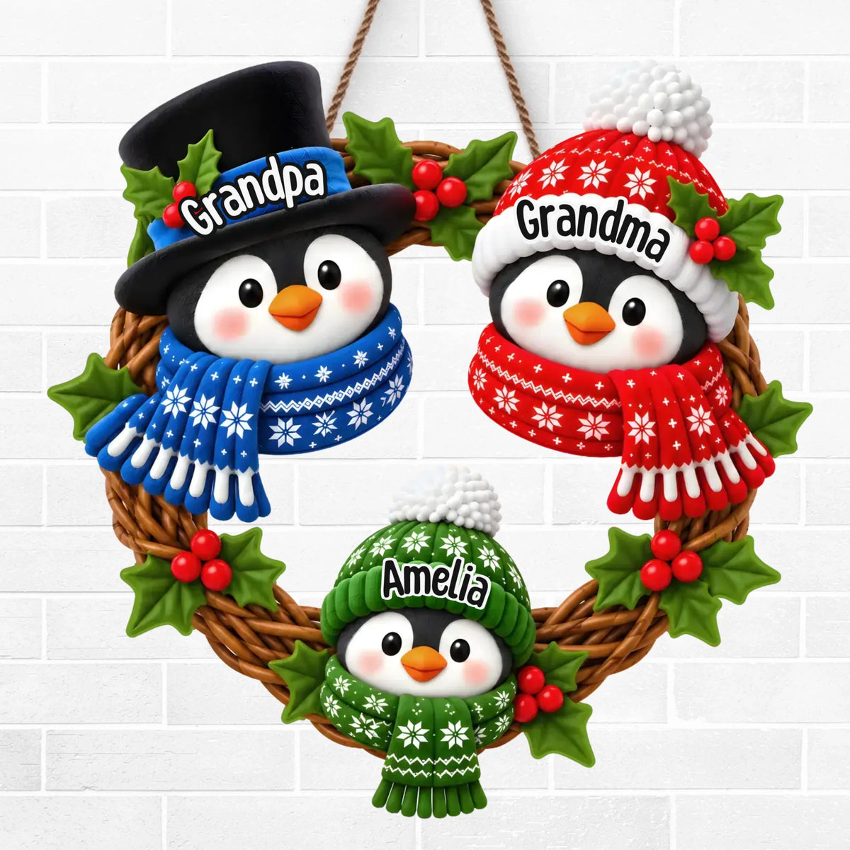 Personalized Christmas Penguin Family Names Custom Wood Sign
