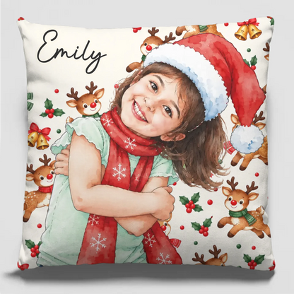 Personalized Christmas Kids Custom Face Photo Festive Throw Pillow