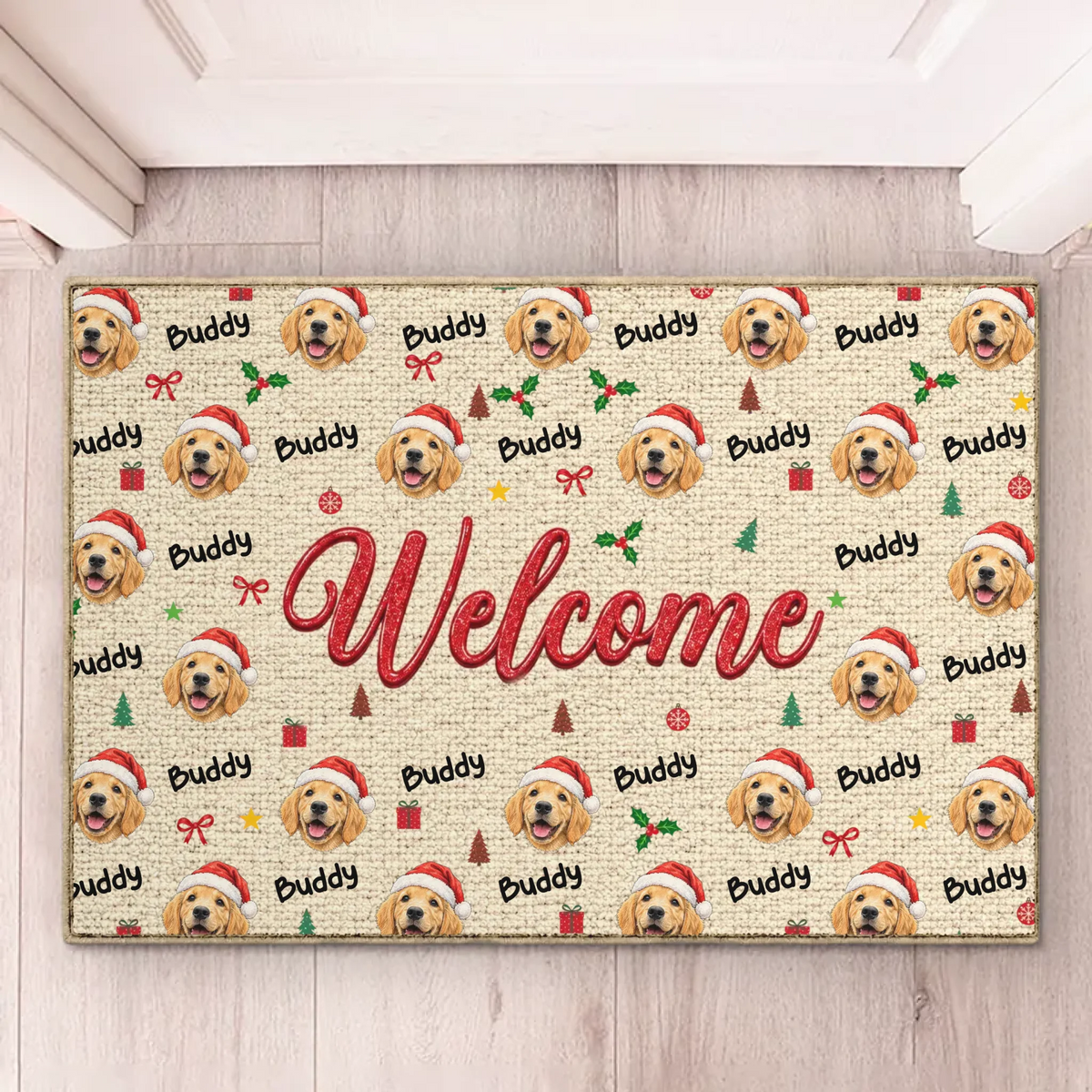 Custom Pet Photo Christmas Welcome Gifts For Dog And Cat Lovers - Personalized Decorative Mat