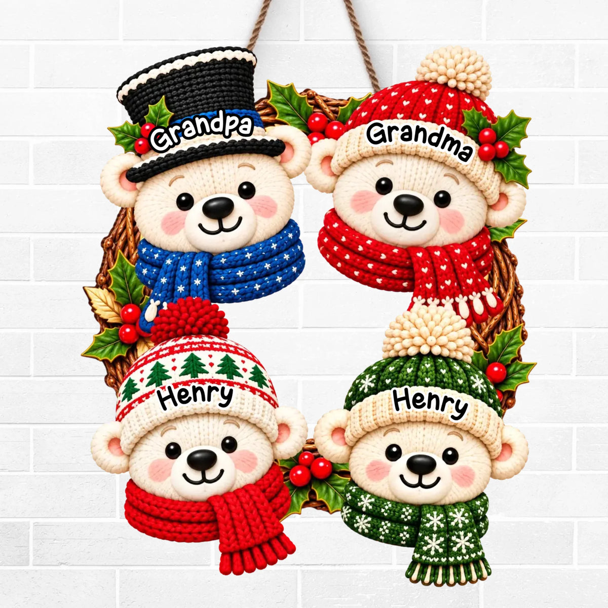 Custom Name Christmas Bear Family Decor - Personalized Shaped Wood Sign