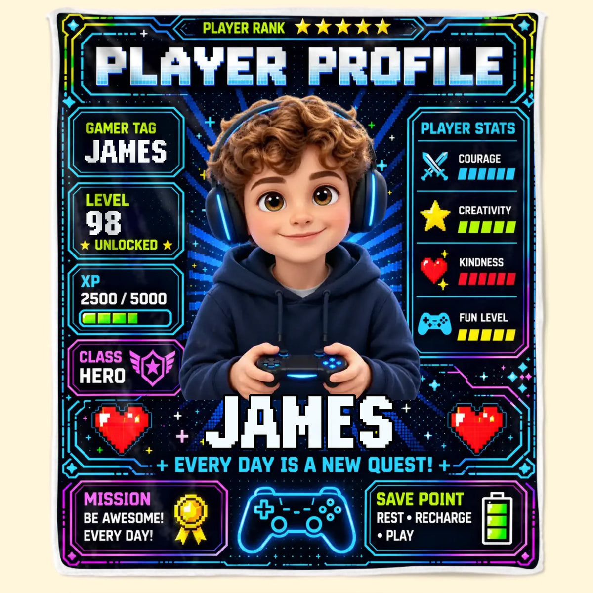 Custom Photo Name Gamer Profile Gifts for Kids - Personalized Blanket