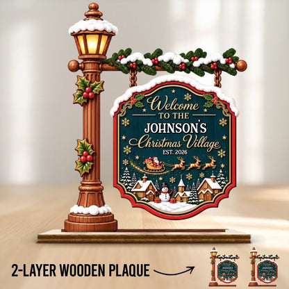 Custom Name Christmas Village Two Layer Wooden Plaque
