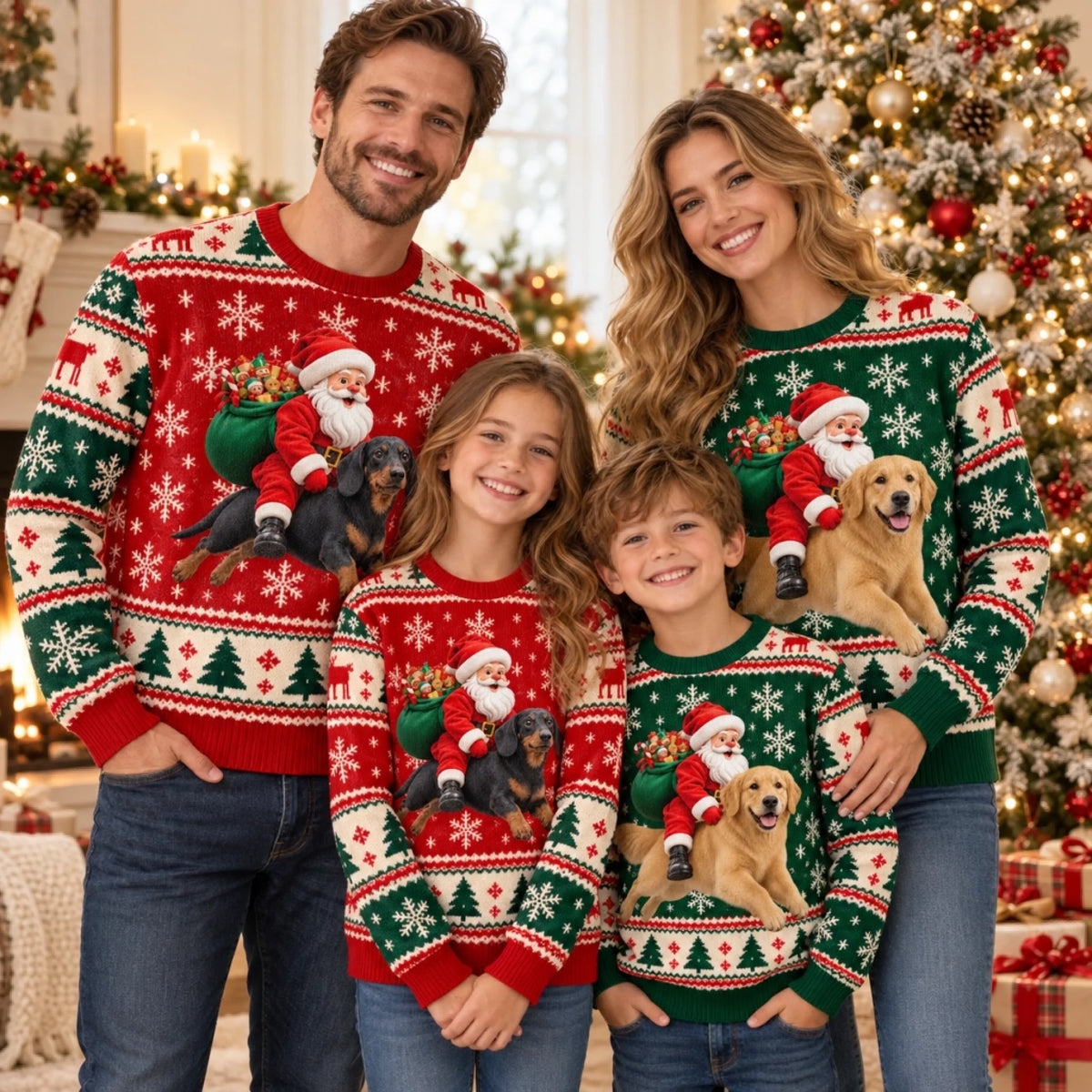 Family of Four in Matching Christmas Sweaters