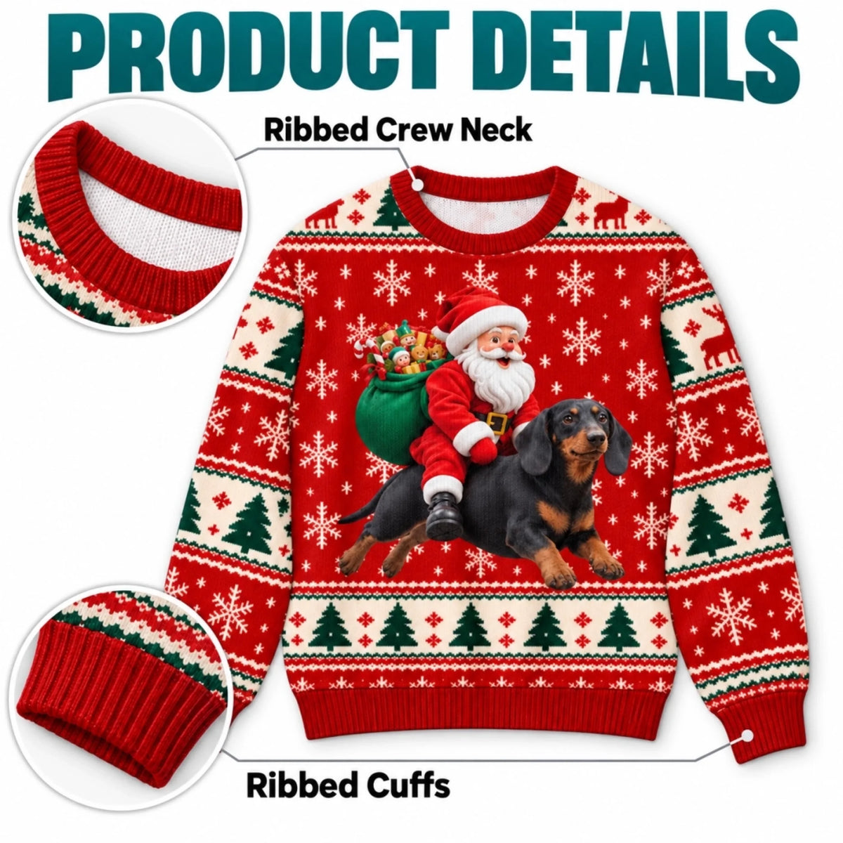 Red Santa dachshund sweater details-1