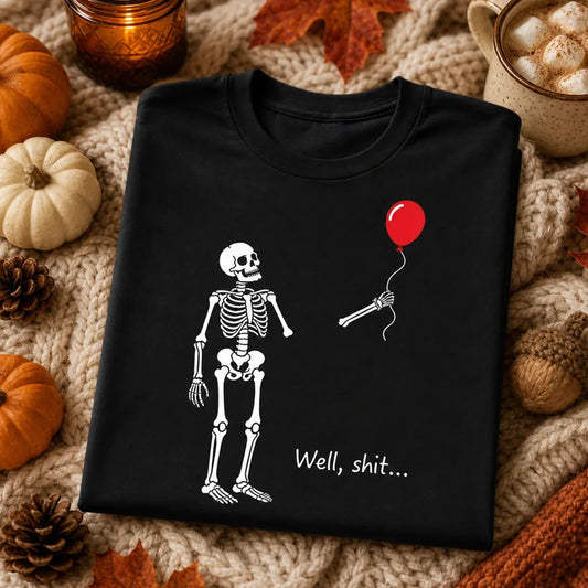 Personalized Funny Skeleton Classic Tee, Red Balloon Halloween Shirt, Unique Gift for Friends