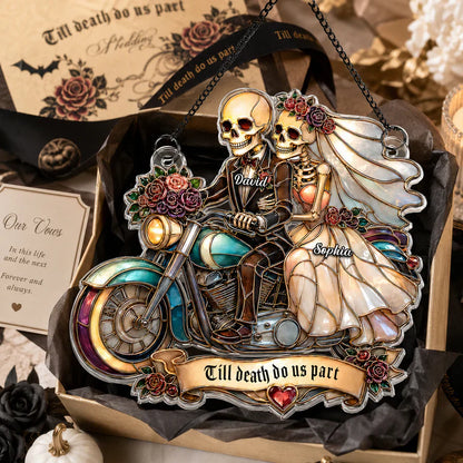 Personalized Skeleton Newlyweds Motorcycle Suncatcher