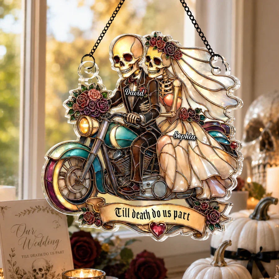 Personalized Skeleton Newlyweds Motorcycle Suncatcher