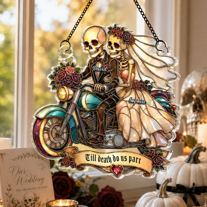 Personalized Skeleton Newlyweds Motorcycle Suncatcher