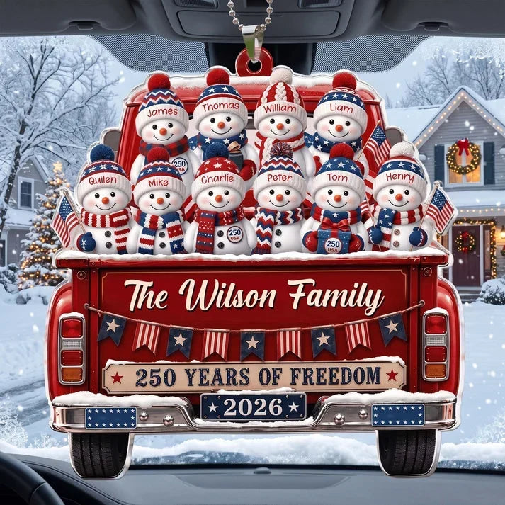 Personalized Snowman Family Red Truck Acrylic Car Hanger