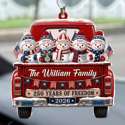 Personalized Snowman Family Red Truck Acrylic Car Hanger