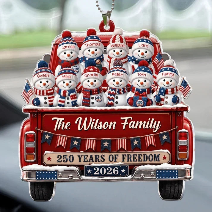 Personalized Snowman Family Red Truck Acrylic Car Hanger