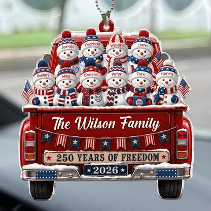 Personalized Snowman Family Red Truck Acrylic Car Hanger