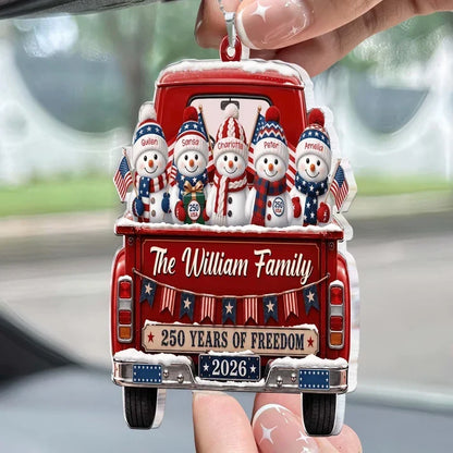 Personalized Snowman Family Red Truck Acrylic Car Hanger