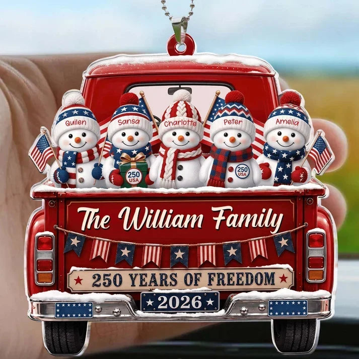 Personalized Snowman Family Red Truck Acrylic Car Hanger
