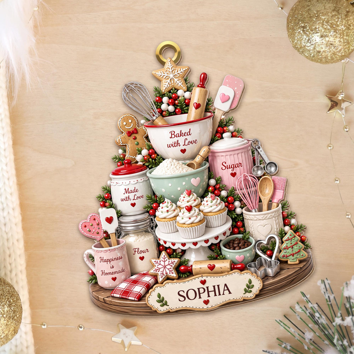 Baked With Love Happiness Is Homemade Baking Tools And Cupcakes - Personalized Custom Wood Ornament, Custom Shaped - BAKE066_WDO