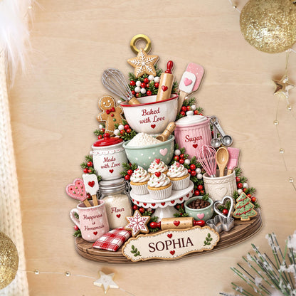 Baked With Love Happiness Is Homemade Baking Tools And Cupcakes - Personalized Custom Wood Ornament, Custom Shaped - BAKE066_WDO