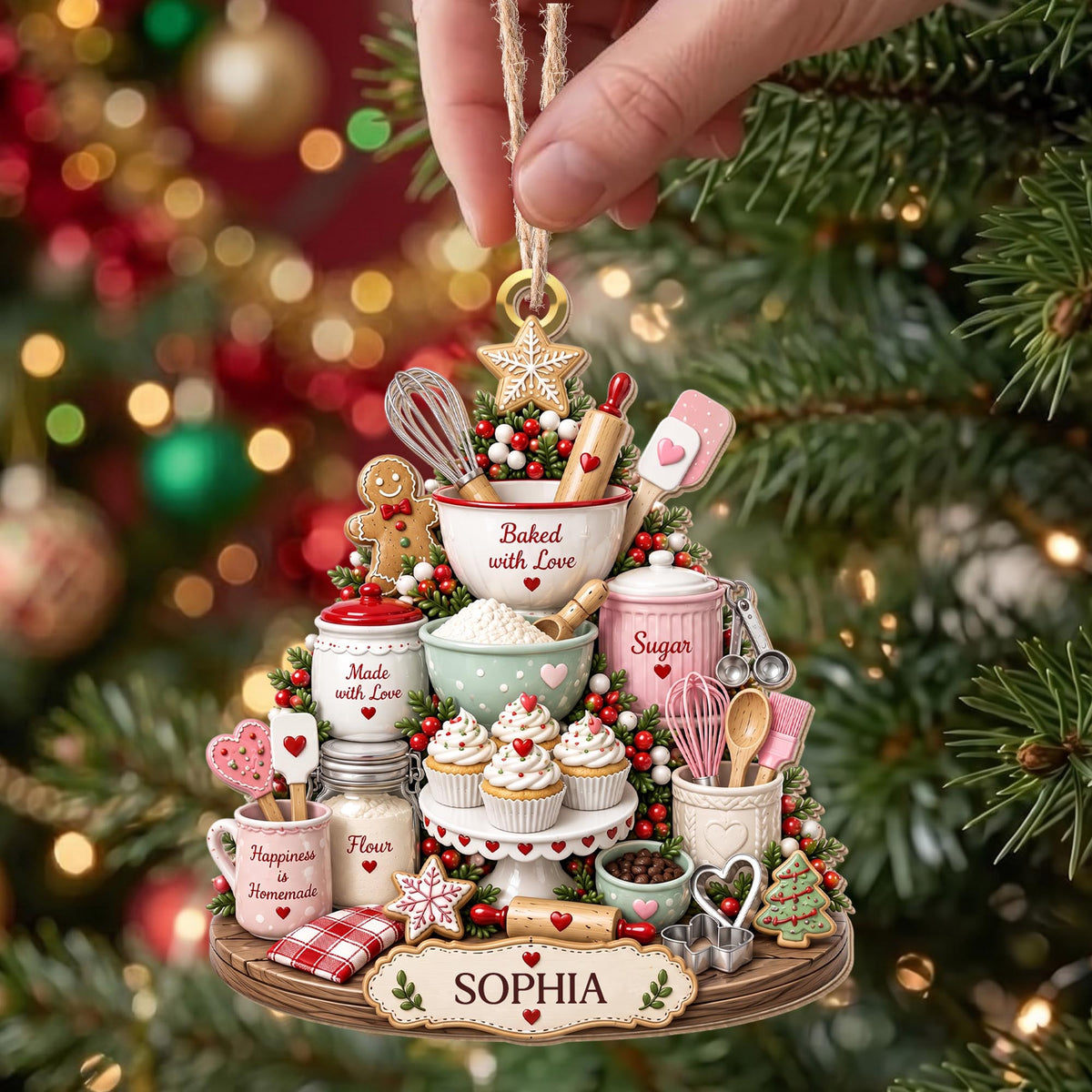 Baked With Love Happiness Is Homemade Baking Tools And Cupcakes - Personalized Custom Wood Ornament, Custom Shaped - BAKE066_WDO