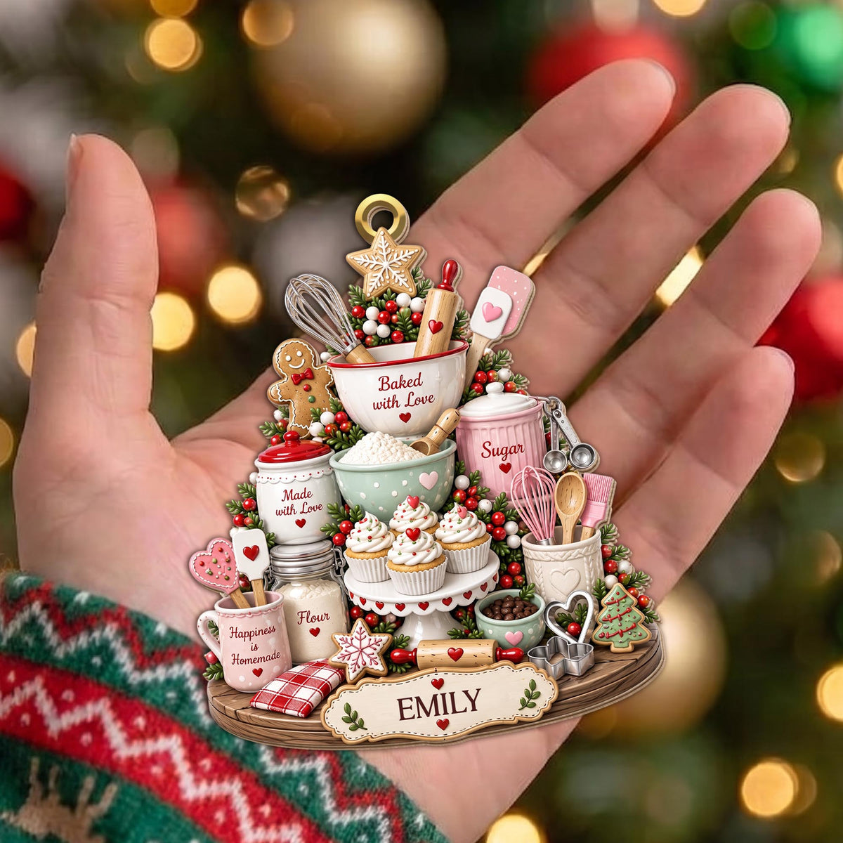 Baked With Love Happiness Is Homemade Baking Tools And Cupcakes - Personalized Custom Wood Ornament, Custom Shaped - BAKE066_WDO