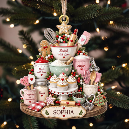 Baked With Love Happiness Is Homemade Baking Tools And Cupcakes - Personalized Custom Wood Ornament, Custom Shaped - BAKE066_WDO