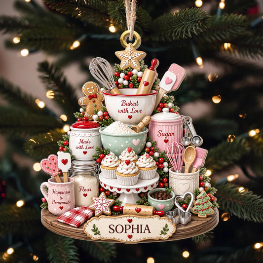 Baked With Love Happiness Is Homemade Baking Tools And Cupcakes - Personalized Custom Wood Ornament, Custom Shaped - BAKE066_WDO