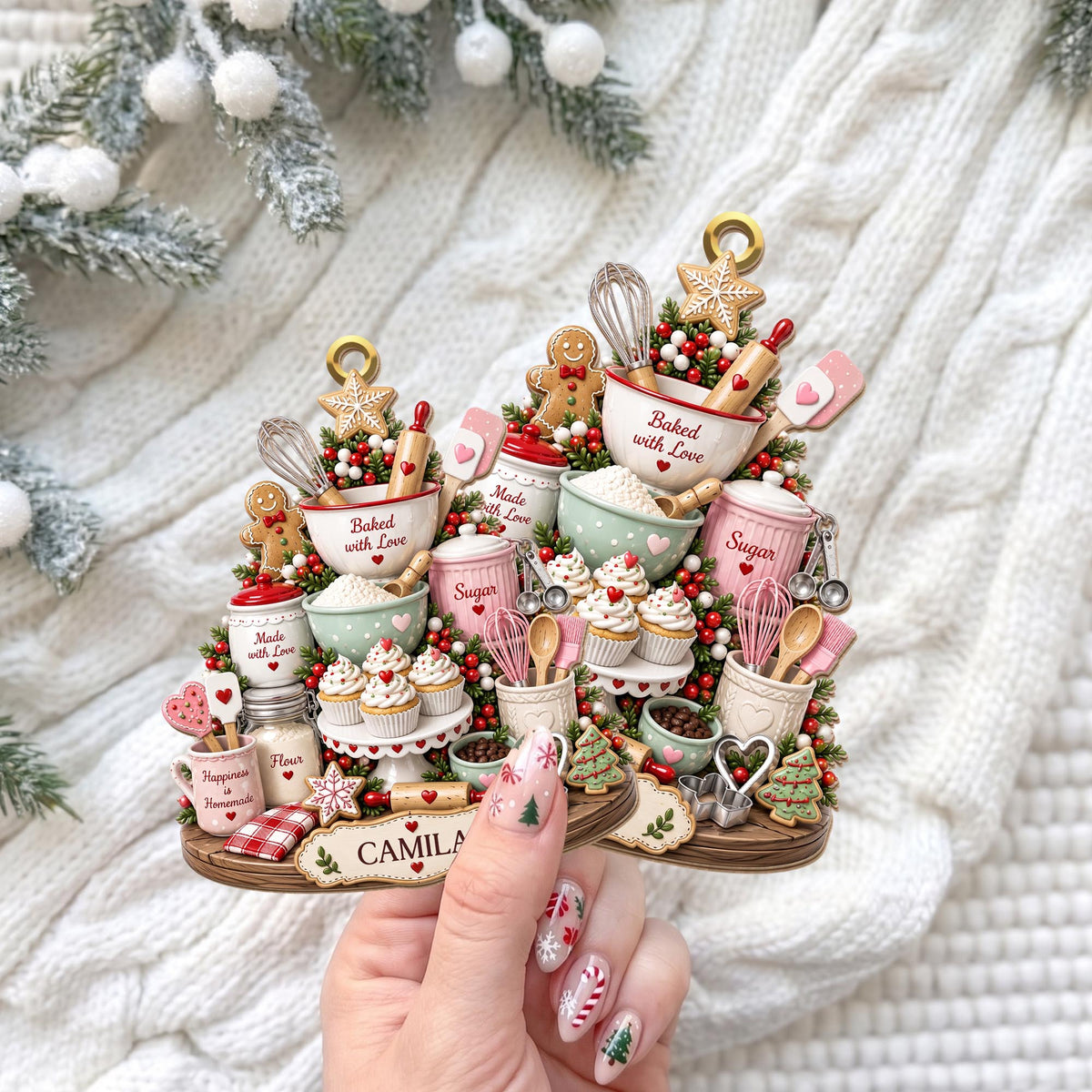 Baked With Love Happiness Is Homemade Baking Tools And Cupcakes - Personalized Custom Wood Ornament, Custom Shaped - BAKE066_WDO