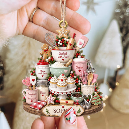 Baked With Love Happiness Is Homemade Baking Tools And Cupcakes - Personalized Custom Wood Ornament, Custom Shaped - BAKE066_WDO