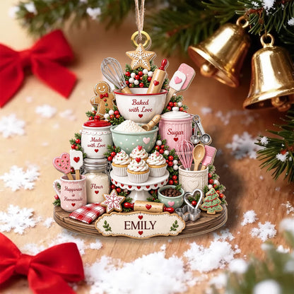 Baked With Love Happiness Is Homemade Baking Tools And Cupcakes - Personalized Custom Wood Ornament, Custom Shaped - BAKE066_WDO