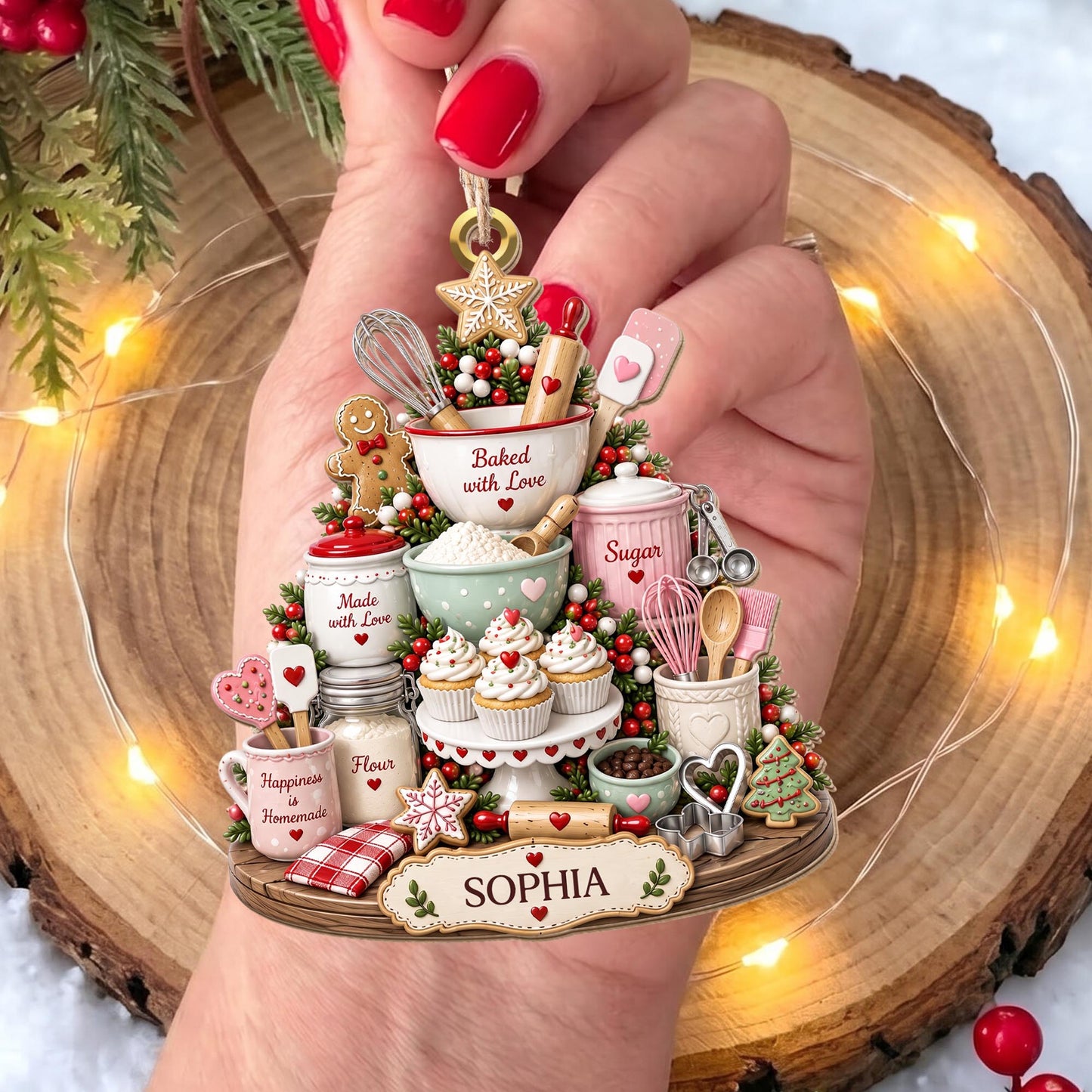 Baked With Love Happiness Is Homemade Baking Tools And Cupcakes - Personalized Custom Wood Ornament, Custom Shaped - BAKE066_WDO