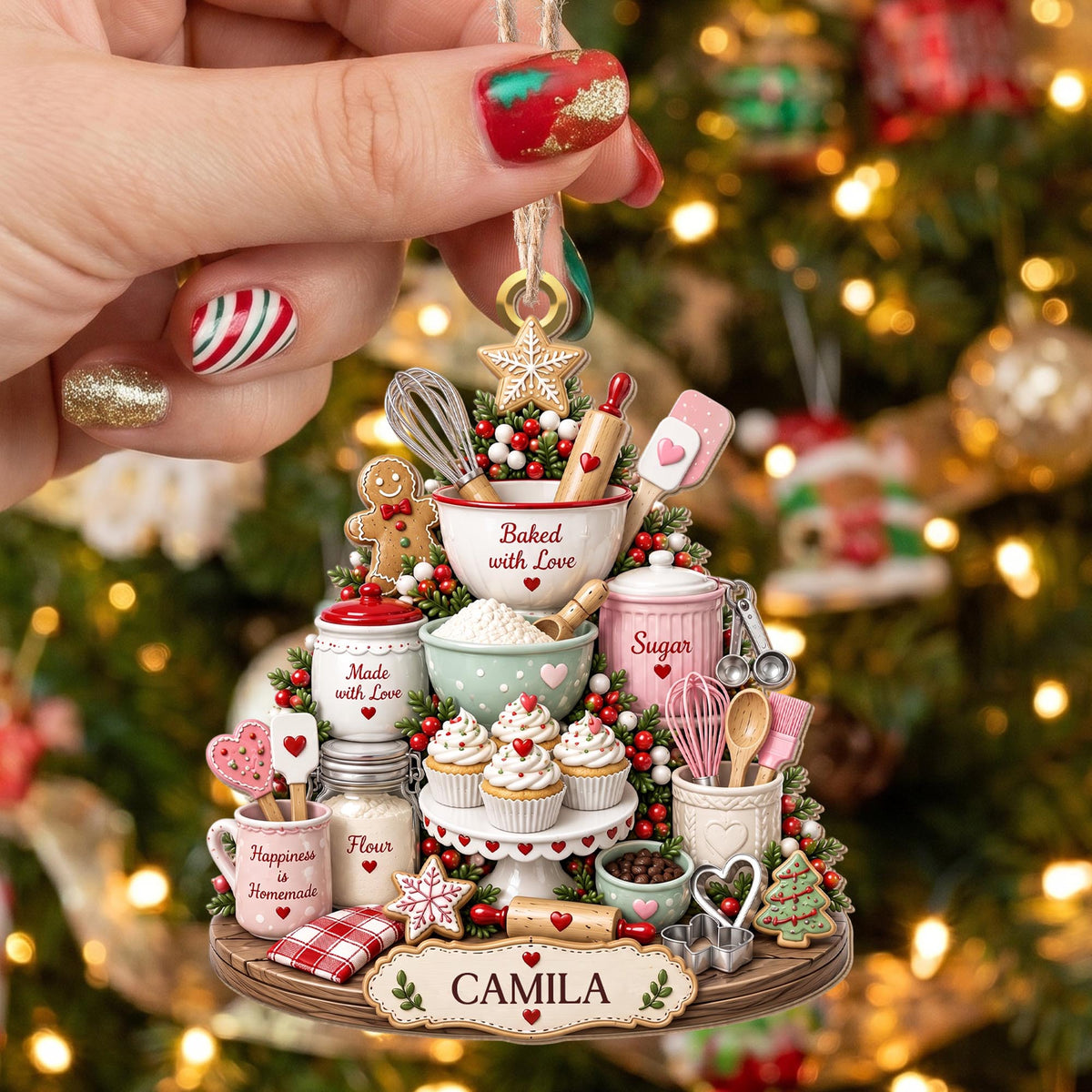 Baked With Love Happiness Is Homemade Baking Tools And Cupcakes - Personalized Custom Wood Ornament, Custom Shaped - BAKE066_WDO