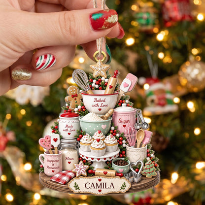 Baked With Love Happiness Is Homemade Baking Tools And Cupcakes - Personalized Custom Wood Ornament, Custom Shaped - BAKE066_WDO