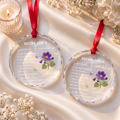 Personalized Special Friendship Purple Flower Glass Ornament